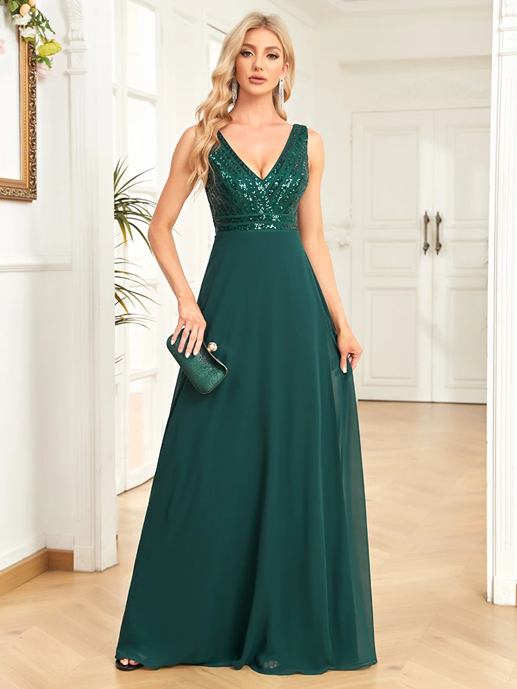 Lucyinlove Elegant Sequrin Evening Dress 2024 Women Chiffon Long Formal Deep V-neck Green Caicktail Wedding Party Prom Dresses