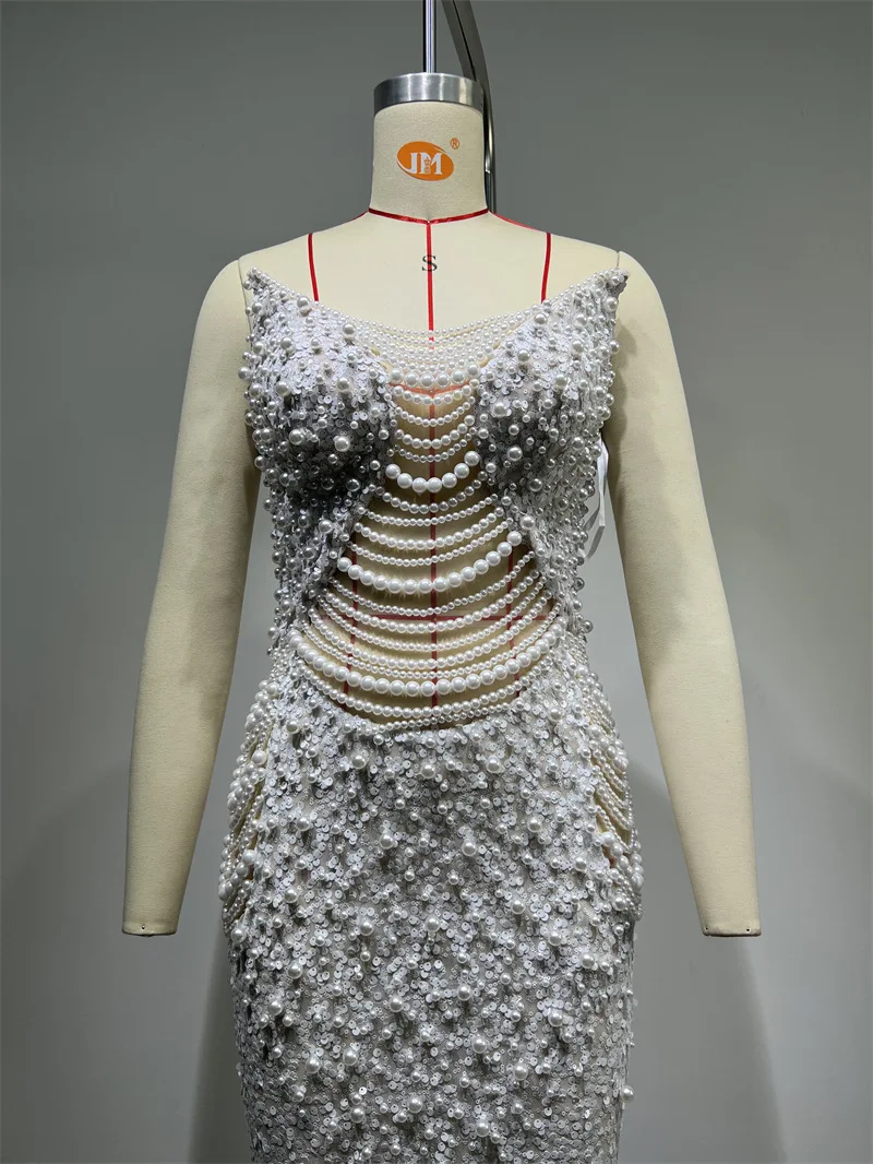 New Arrival Women's Dress Luxurious Pearl Sequin Sheer Mermaid Strapless Dress Elegant Wedding Engagement Annual Party Gown