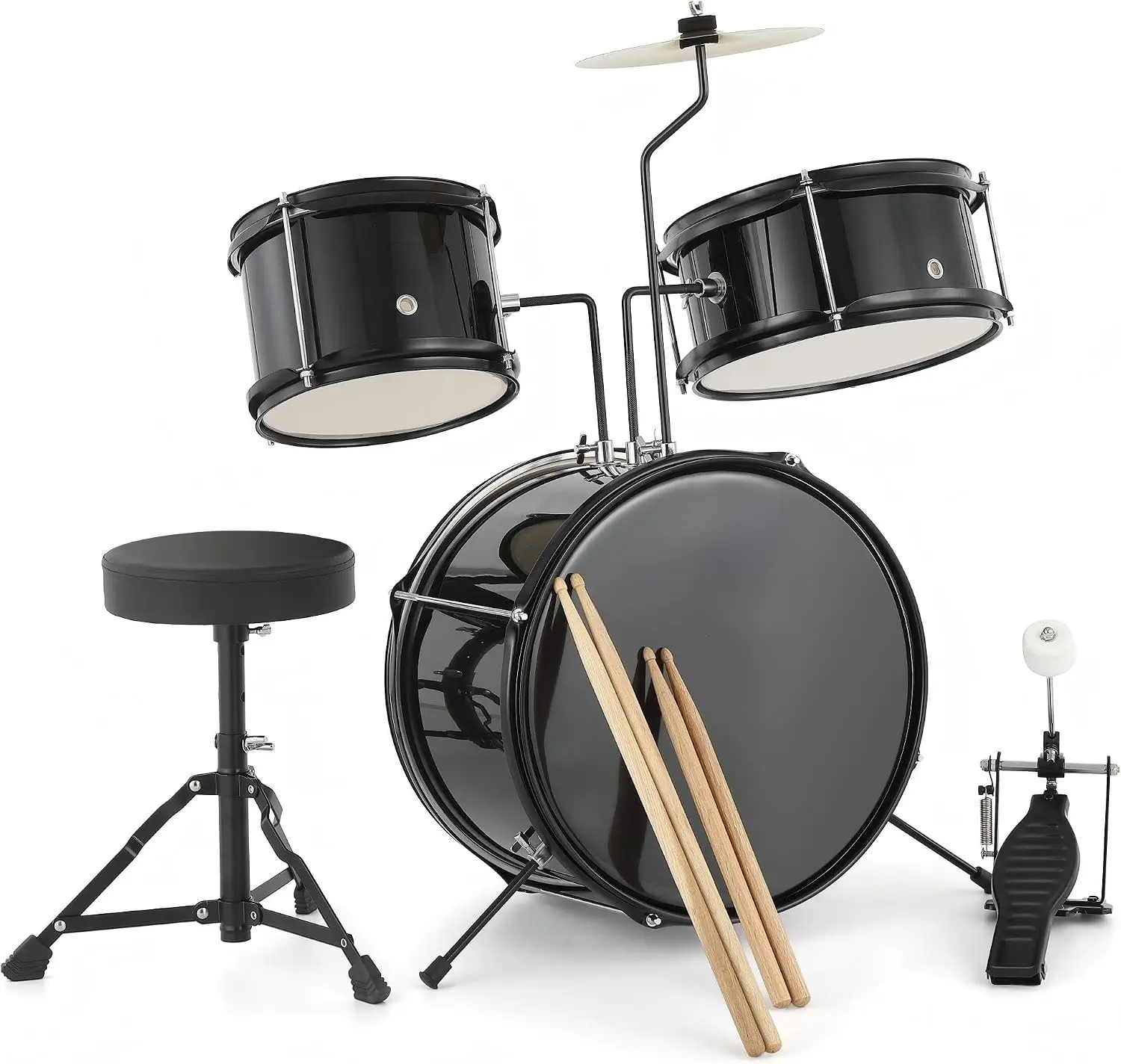 3-Piece Beginner Drum Set with Bass Drum, 8-Inch Suspended Cymbal, Stool, Drumsticks, and Pedal, Complete Starter Kit for New Drummers
