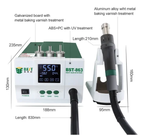 أفضل محطة لحام BST-863 بقدرة 1200 وات، شاشة LCD ذكية تعمل باللمس، محطة إعادة العمل SMD للهواء مع 3 قنوات ذاكرة #4