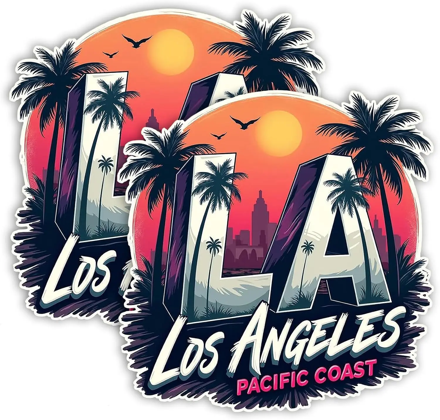 2 Pack Los Angeles Sunset Palm Tree Retro Waterproof PVC Vinyl Sticker For Car Body Rear Window And Luggage Decal