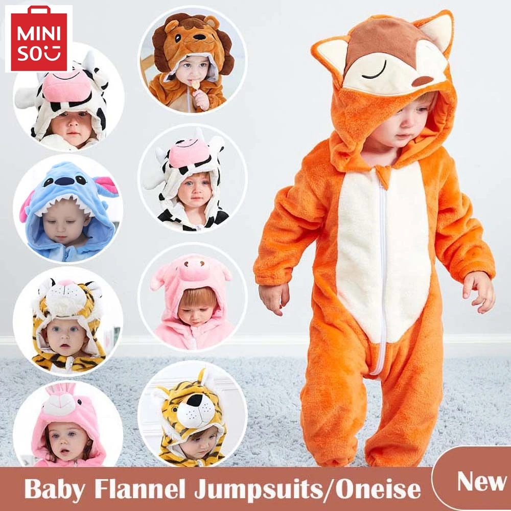 MINISO Newborn Baby Stitch Animal Cartoon Hooded Jumpsuits Winter Boy Pajamas Girls Onesies Kids Sleepwear Baby Pyjamas Kigurumi