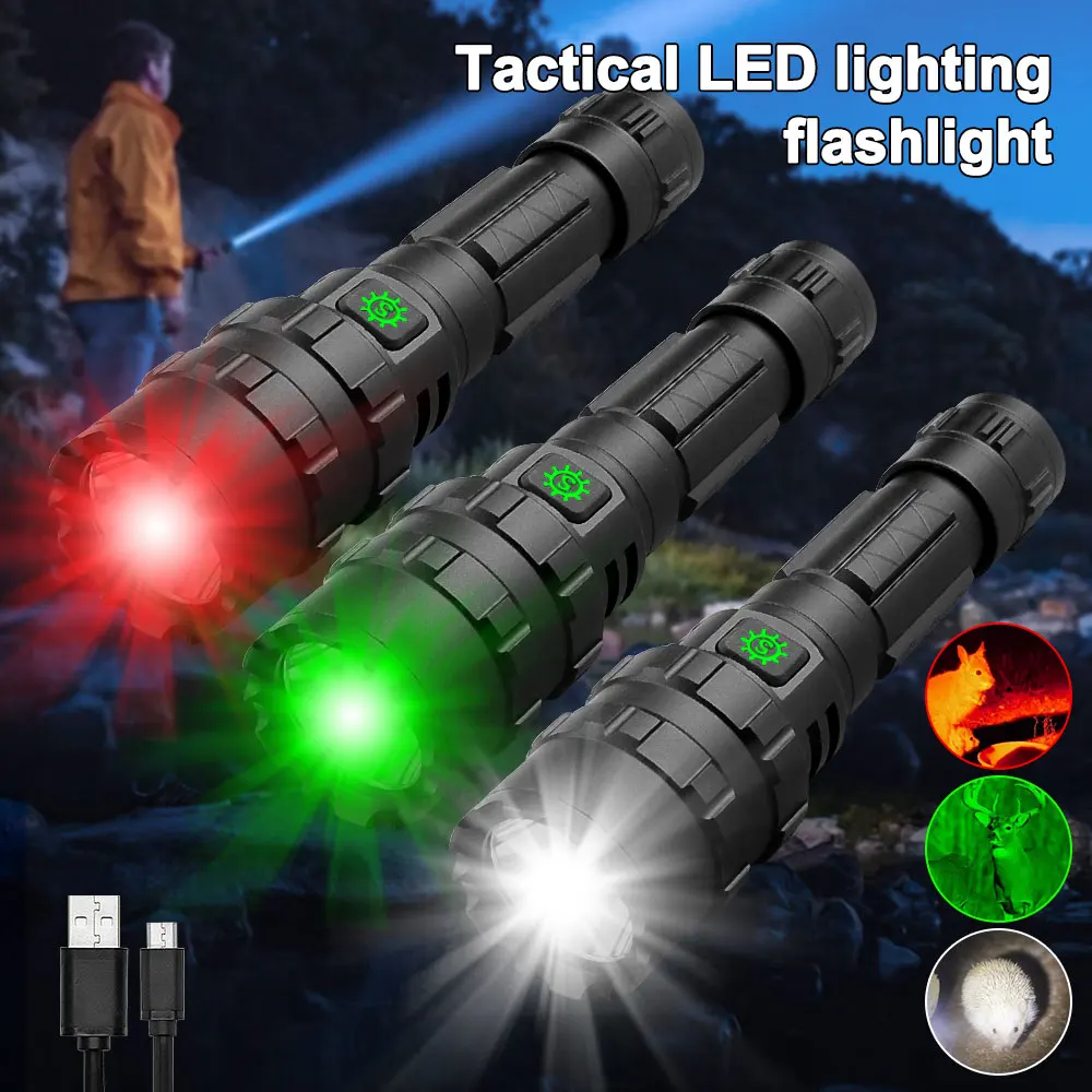 Professional LED Flashlight for Hunting Tactical Red/White/Green Flashlight Night Scout Lights Set Fish Light Rechargeable Torch