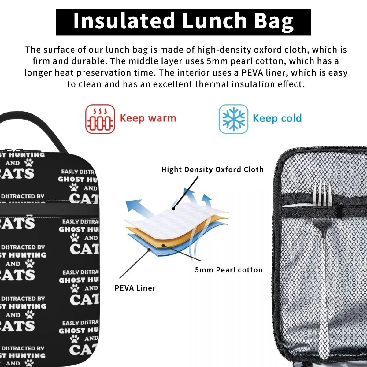 Easily Distracted By Ghost Hunting And Cats Insulated Lunch Bag for Women Kids Leakproof Food Boxes Thermal Lunch Box Tote