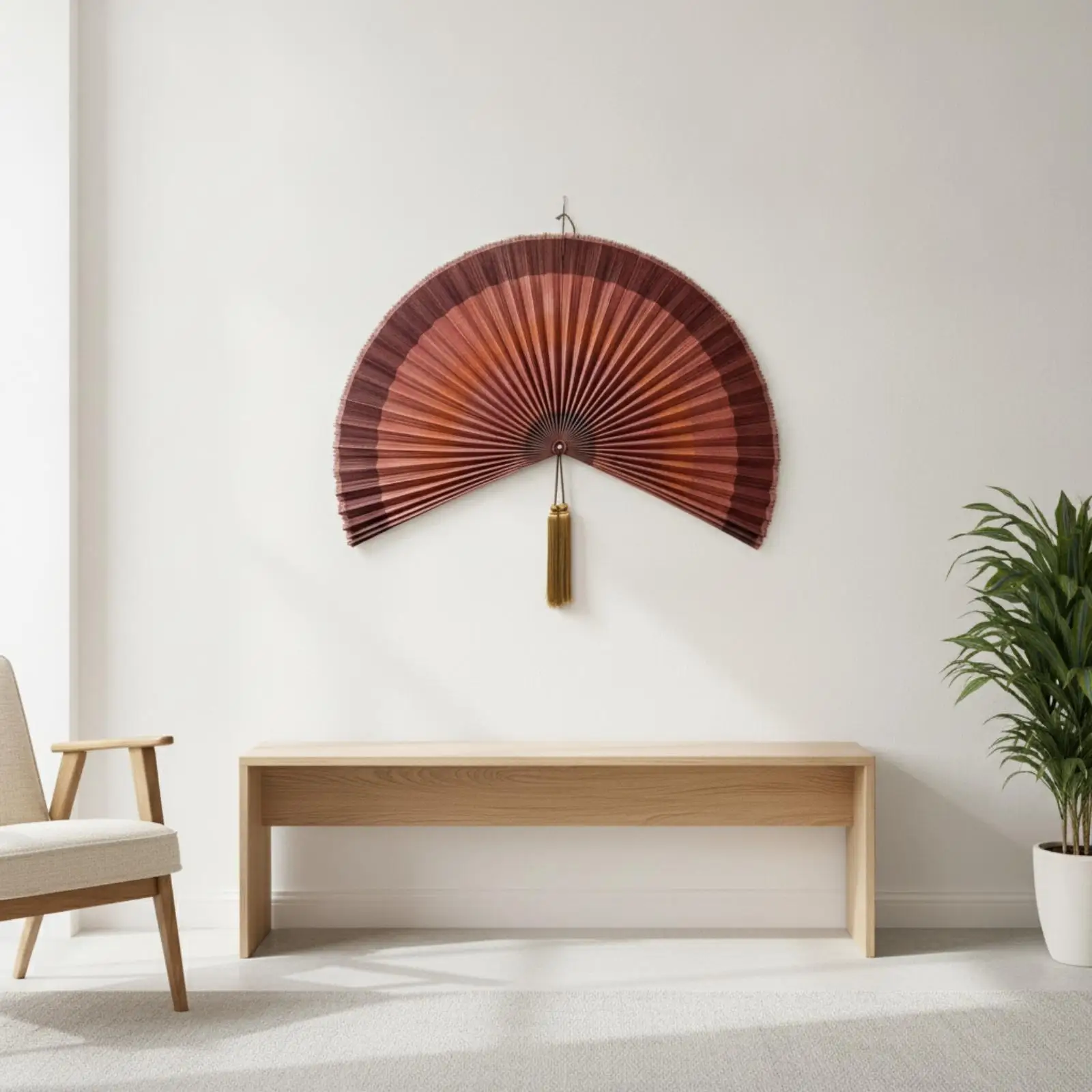 Bamboo Decorative Hanging Fan with Central Tassel for Teahouse Hotel Restaurant Wall Charm
