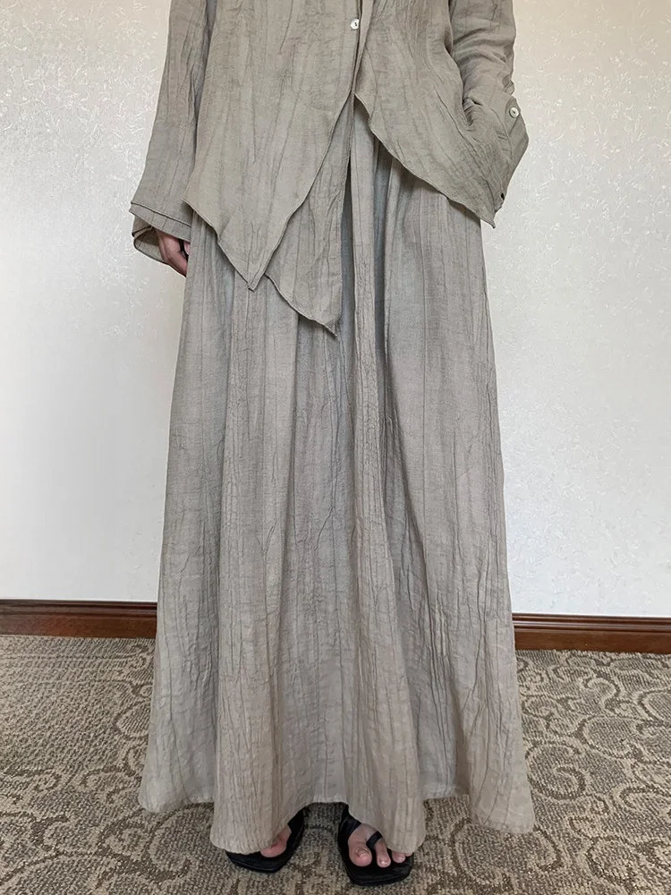 Chill Dyeing Flax Texture Cold Half Skirt Kaki Apricot Pleated A-Line Silk Skirt Leisure Casual Pure Color mid Waist Design