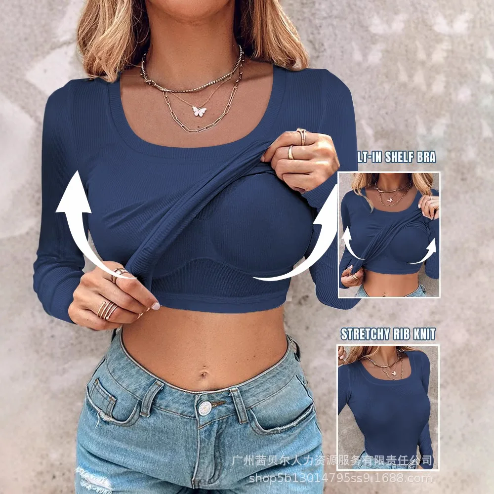 U-Neck Built-in Bra Long Sleeve Ribbed Top Women Long Sleeve Solid Color T Shirt Tee