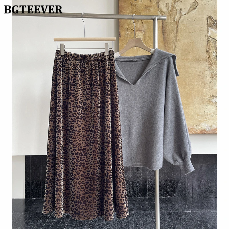 BGTEEVER Vintage Loose Leopard Mid-Length Skirts for Women Autumn Fashion High Waist Velvet A-line Skirts Female