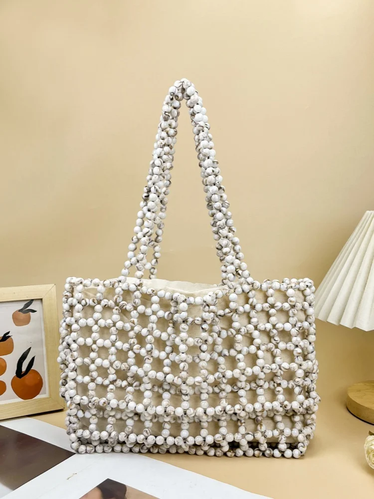 

Handmade Bead Underarm Bag Women's Summer New Acrylic Pearls Woven Handbag Casual Beading Hollow Out Handcrafted Tote Bag