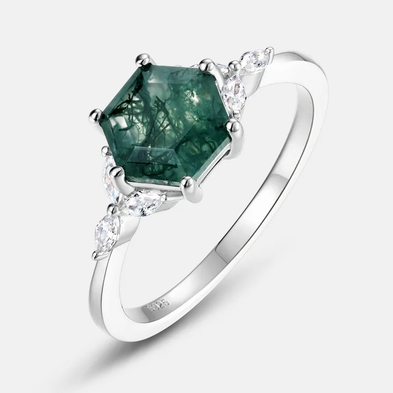 ALLNOEL 925 Sterling Silver 8mm Natural Green Mossy Stone Stacked Ring Inlaid Geometric Aquatic Agate Fine Jewelry for Women