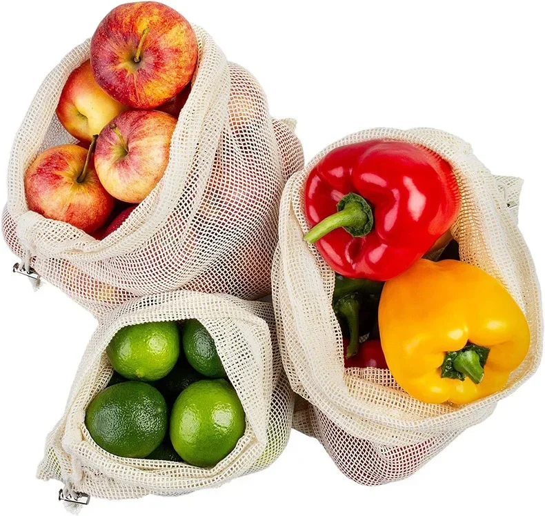 1Pc Reusable Vegetable Bags Kitchen Fruit and Vegetable Storage Mesh Bags Drawstring Machine Washable Eco Friendly Shopping Bags