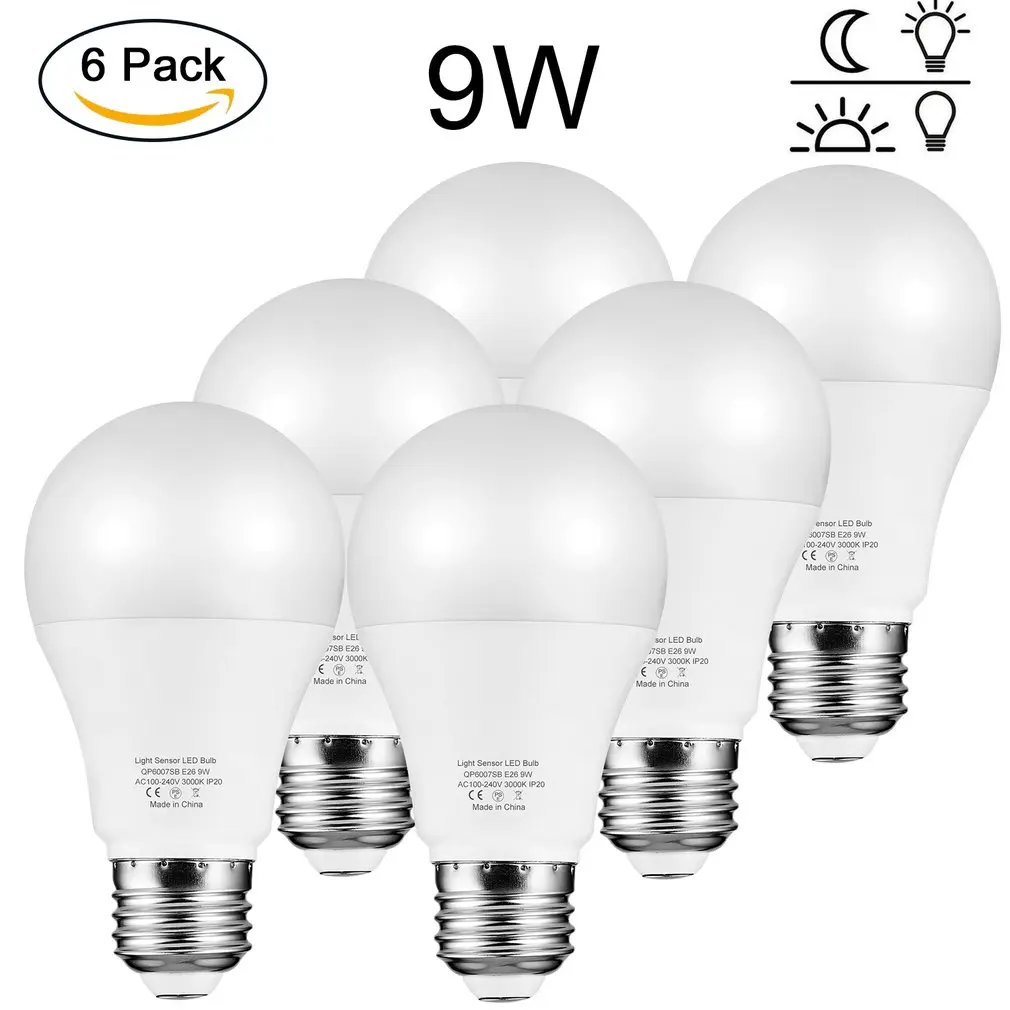 

6pcs 9W E26 Led Bulb Intelligent Light Sensor 3000K With Auto Switch Outdoor/Indoor Lamp Built-In Photosensor Detection