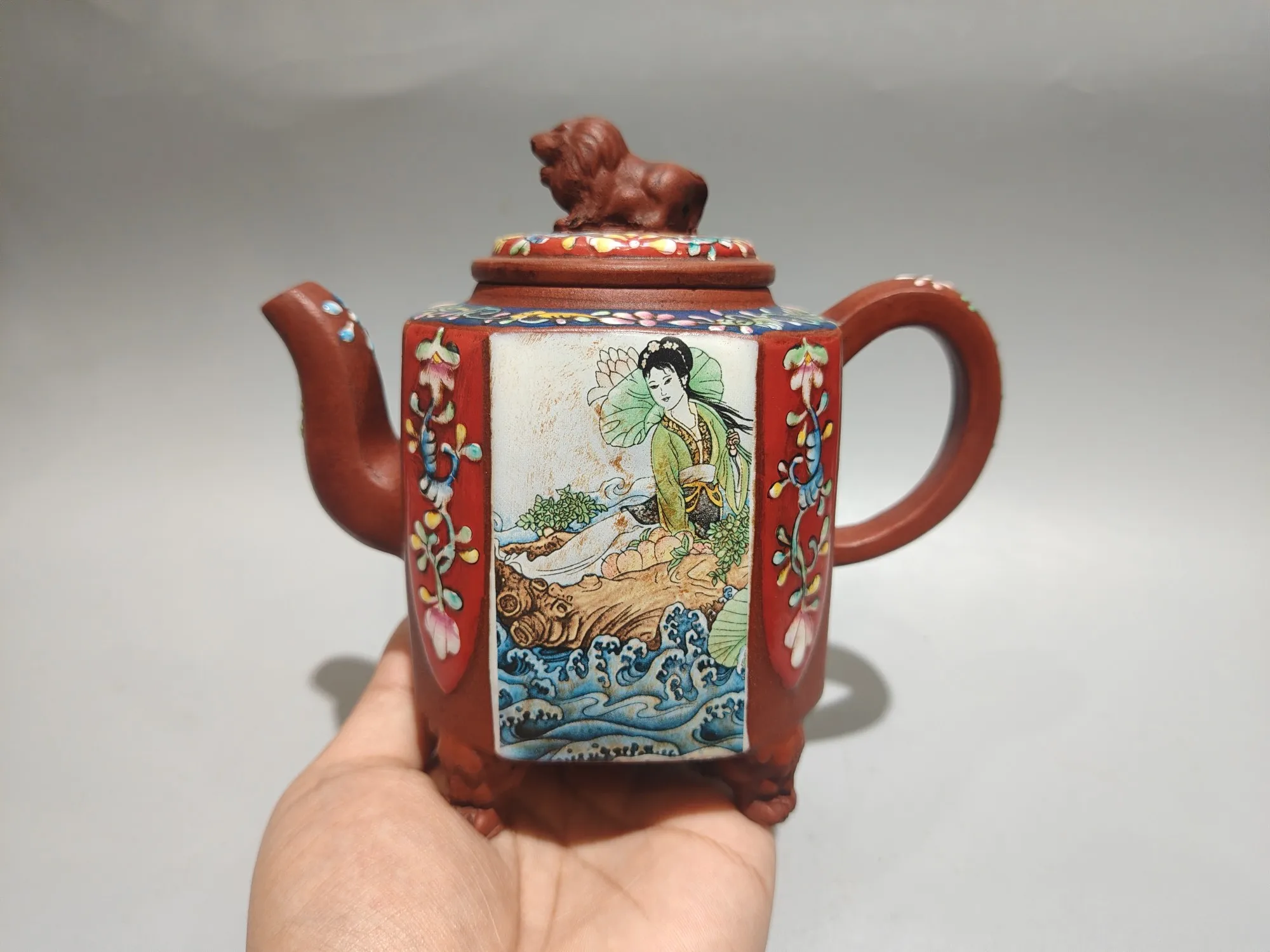 Old Chinese Handcraft Enameled  YiXing Zi Sha Clayeapot ,People Playing LION Teapot ,with mark,Free shipping