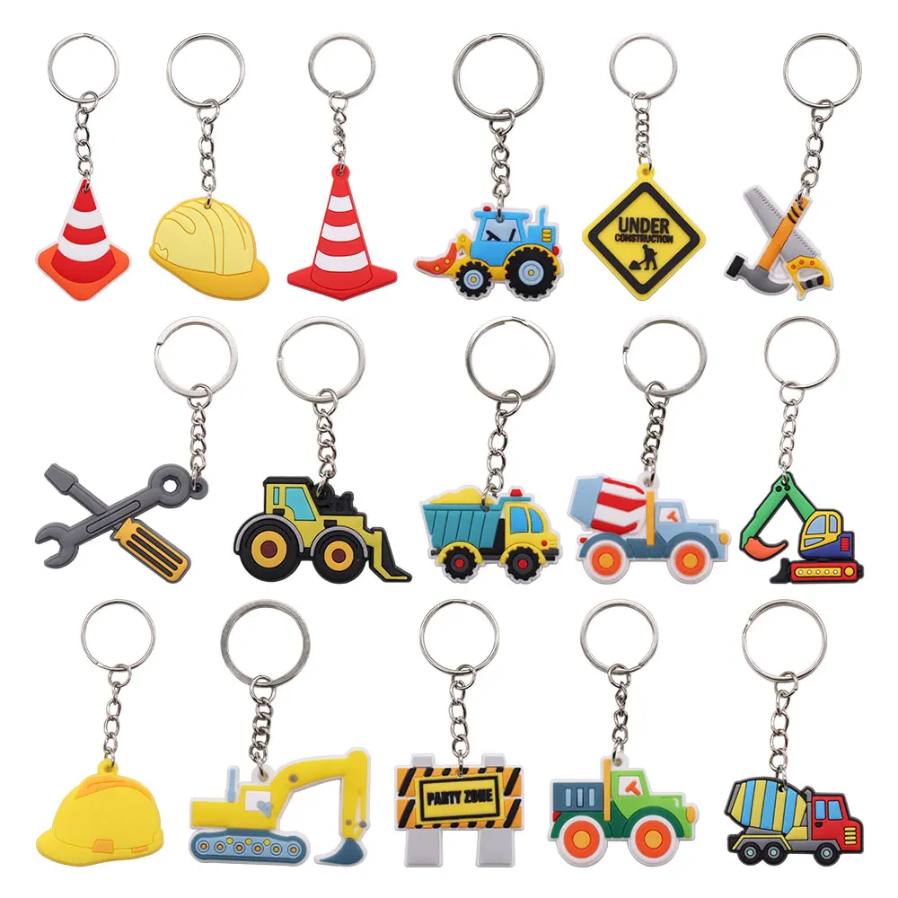 1PCS PVC Engineering Vehicle Roadblock Keychain Keyring Safety Warning Key Chain Keychains Bag Car Hanging fit Adult Kids Gift