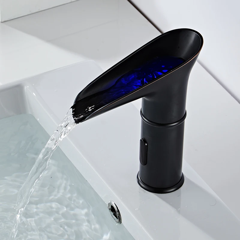 

LANGYO LED Smart Hand Sensor Automatic Faucet Waterfall Cold Hot Water Taps Deck Mount Solid Brass LED Bathroom Basin Faucet