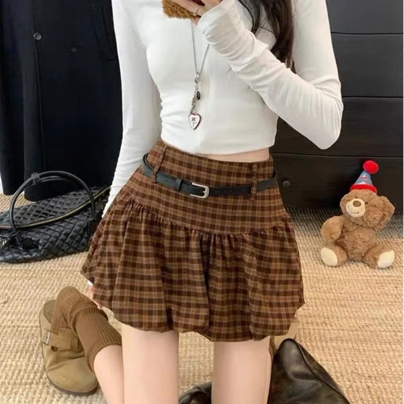 Vintage Plaid Bubble Skirt Women Sweet High Waist A Line Belt Mini Skirt Spring Autumn Retro Preppy Style Y2K Loose Skirt New