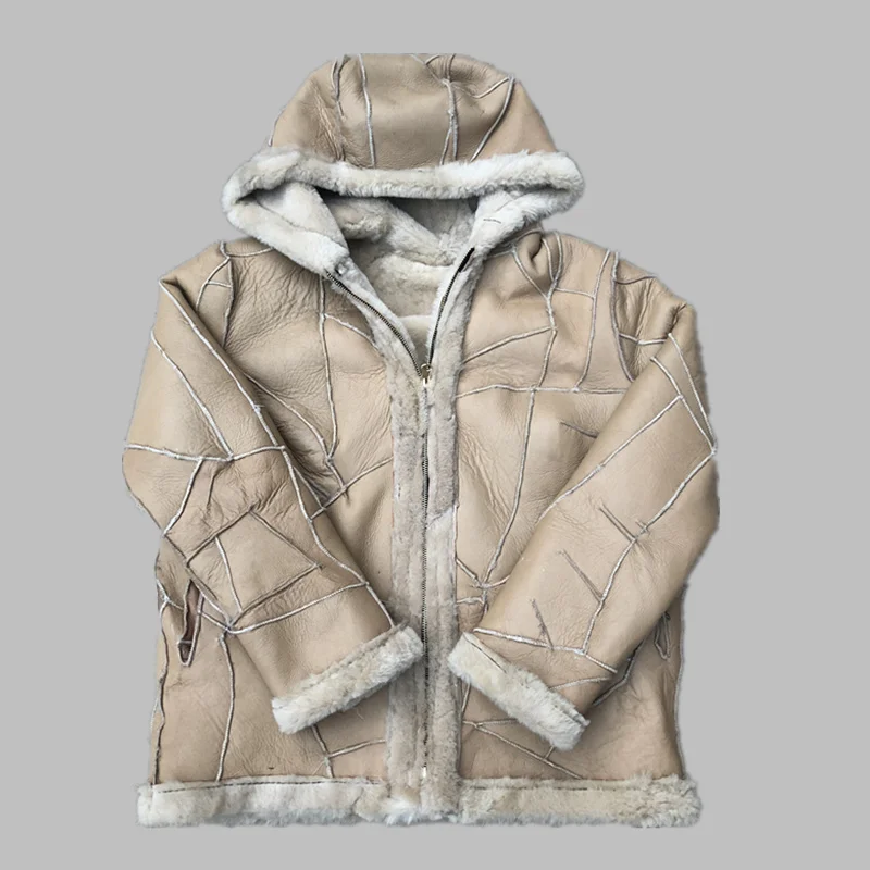 

2023 Men's Sheepskin Fur Integrated Sheepskin Leather Hooded Stitching Leather Warm Leather Coat