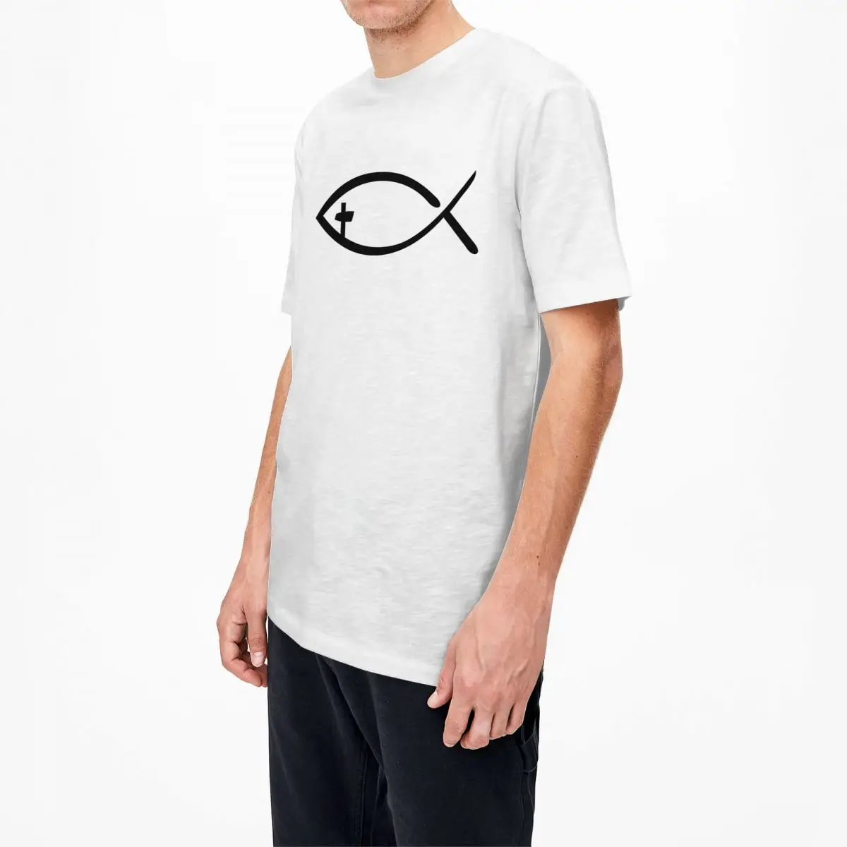 Jesus Fish Ichthys Christian Symbol T-Shirt Men's Vintage 100 Cotton T Shirts Beach Crew Neck Fashion Tees Big Size Clothing