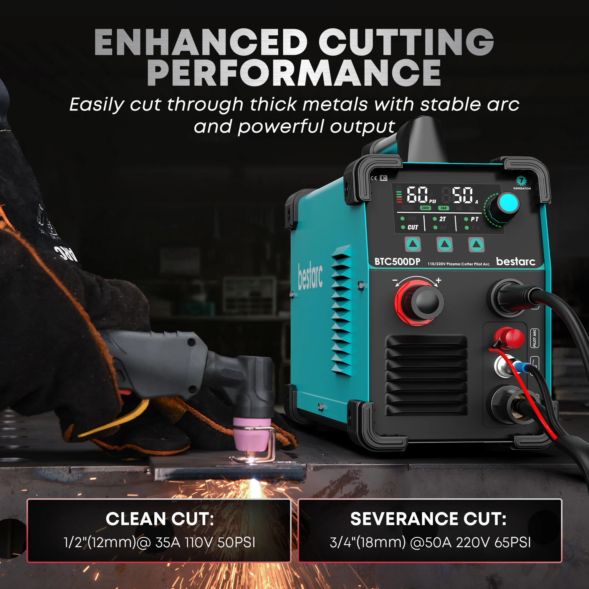 bestarc Plasma Cutter, Pilot Arc BTC500DP 7th GEN 50Amps Screen Display Single Phase Voltage 220V Digital Plasma Cutting Machine