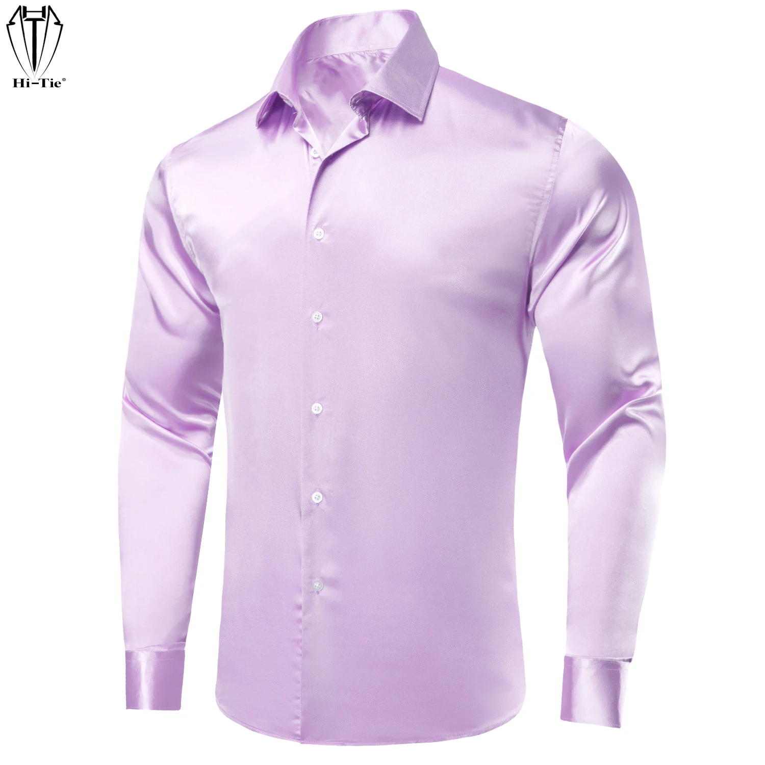 Hi-Tie Light Lilac Purple Silk Satin Mens Shirts Windsor Collar Solid Long Sleeve Social Dress Suit Shirt for Male Wedding Gift