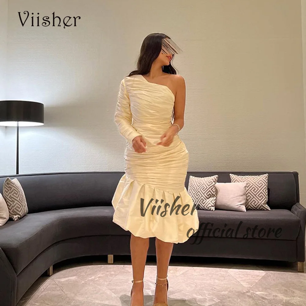 

Viisher Ivory Satin Mermaid Evening Dresses One Shoulder Arabic Dubai Prom Party Dress Knee Length Formal Evening Gowns