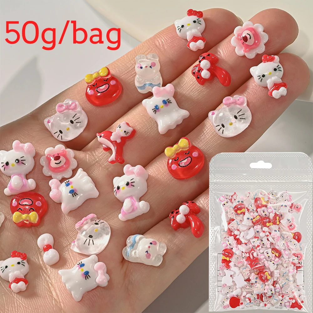 

50g/bag Mixed Resin Hello Kitty Nail Charm Cartoon KT Cat Bow Rabbit Dolphin Nail Art Rhinestone DIY Crafts Manicure Decoration