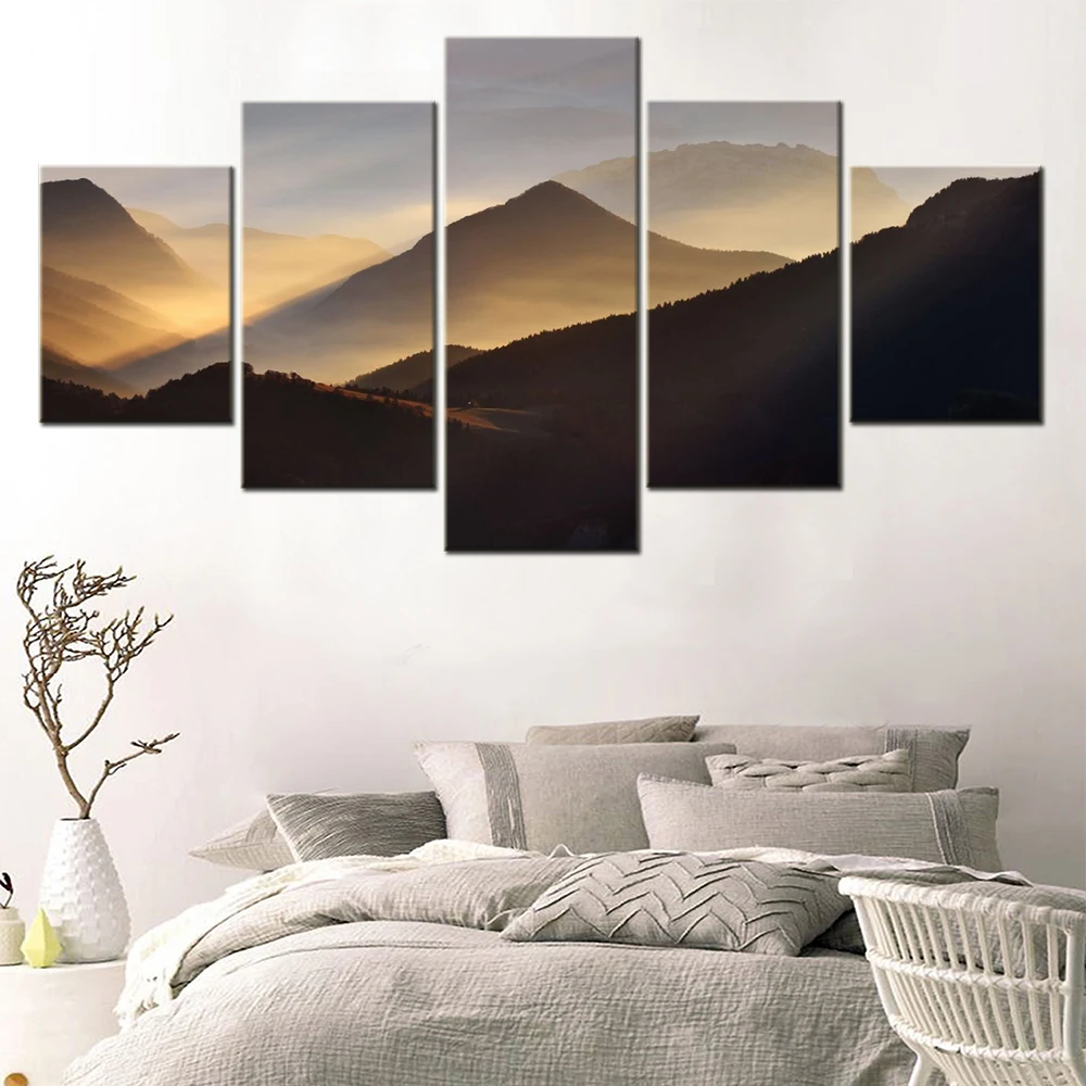 

5 Pieces Landscape View Canvas Wall Arts Poster Painting Nature Foggy Mountains Wallpaper Home Decor For Living Room Artwork