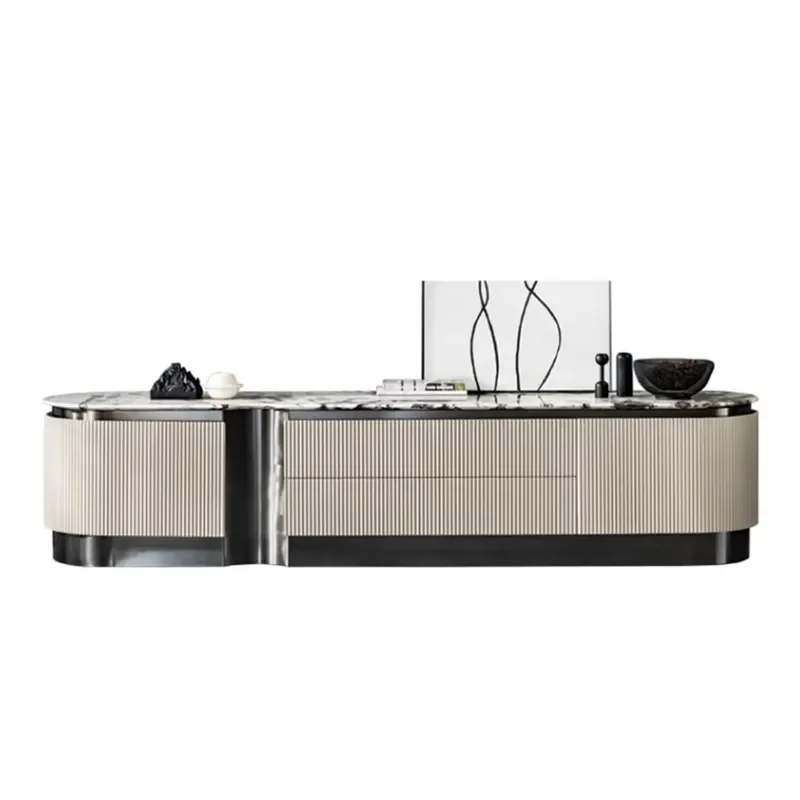 Modern Style Stainless Steel TV Cabinet with Marble Top and Drawers Wood Panel for 65+ Inch TVs in Apartment Use