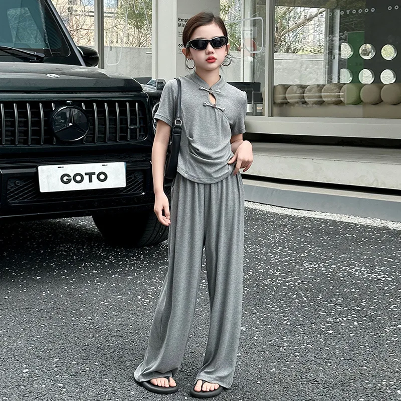

Baby Girl Clothes Suit New Chinese Casual Summer Dress Girls Retro Children Short Sleeved Wide-leg fashion Pant 2-piece Set