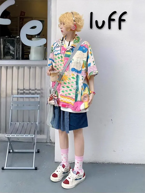 Hawaii Loose Casual Short Sleeve Floral Shirt Women Summer New Style Couple Top Polyester Fabric Collar Button Placket