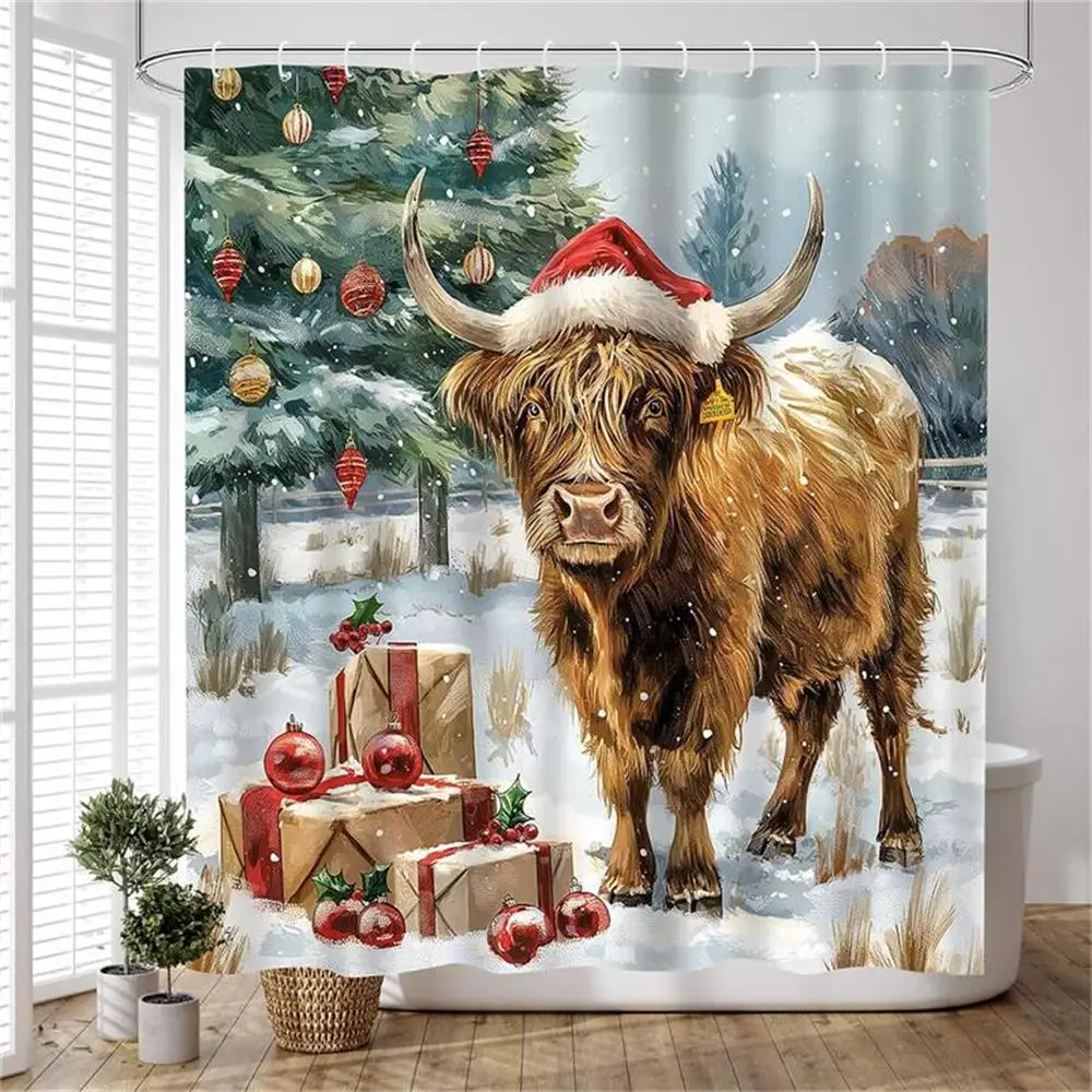 Farm Highland Cow Shower Curtain Winter Forest Farmhouse Animals Snowflake Scenery Christmas Bathroom Curtains Decor with Hooks