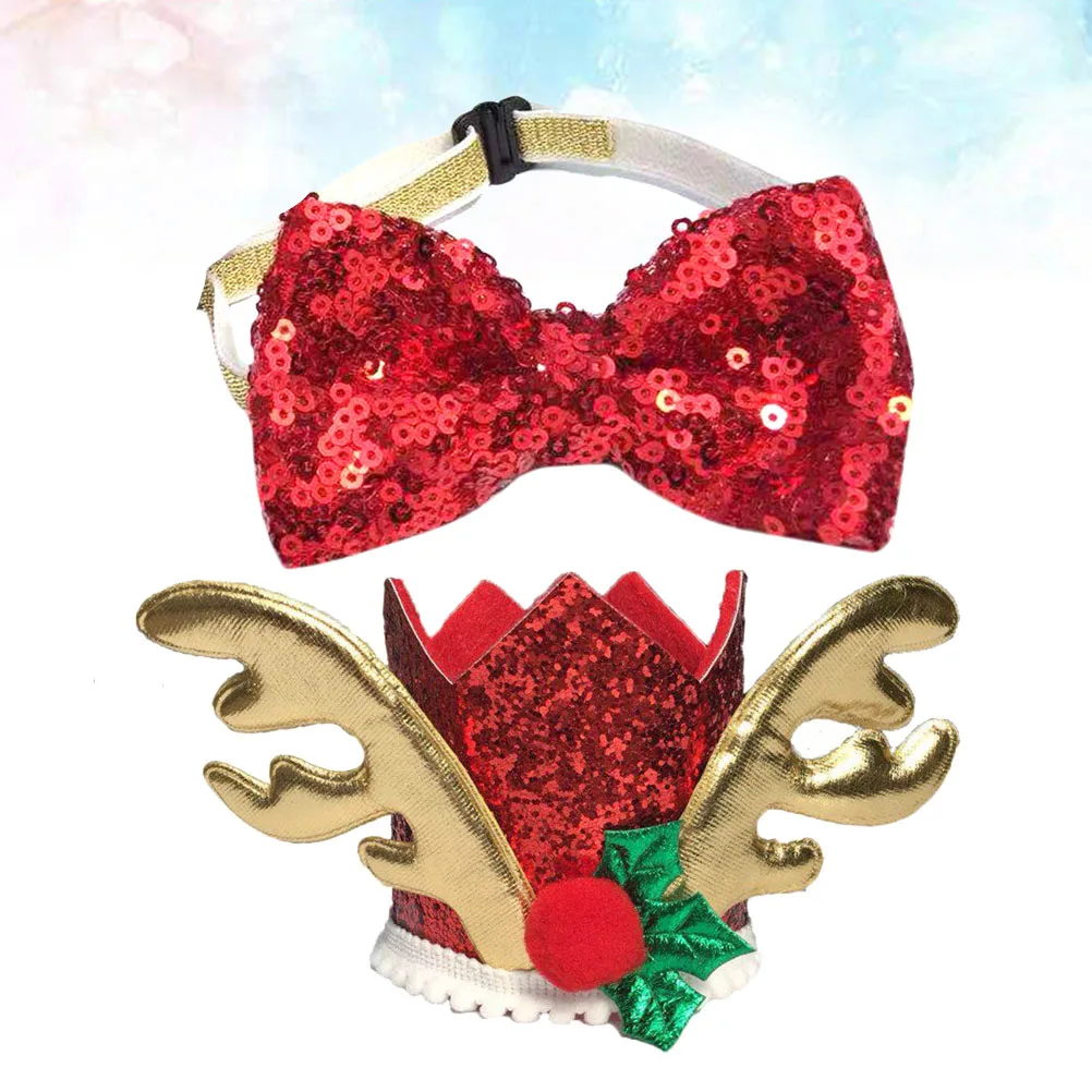 

2 Pcs Pet Decorative Hat Bow Tie Set Party Costume Sequins Has Christmas Dog and