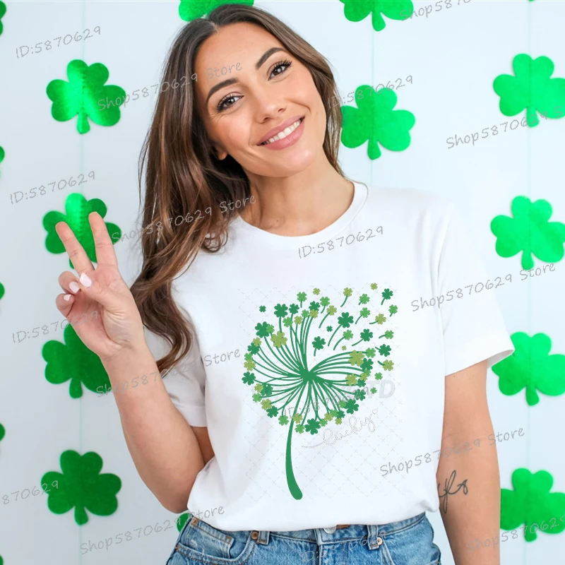 Funny Green Clover Dandelion Print T Shirt Women St Patrick's Day Festival Party Streetwear Fashion Short Sleeve Female Y2K Tops