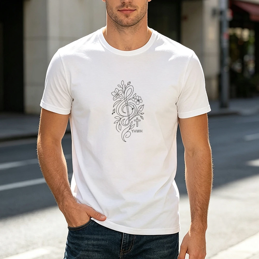 Elegant Treble Clef With Floral Vines And YHWH Cross Text Men White T Shirt Minimalist Line Art Worship Music Tee