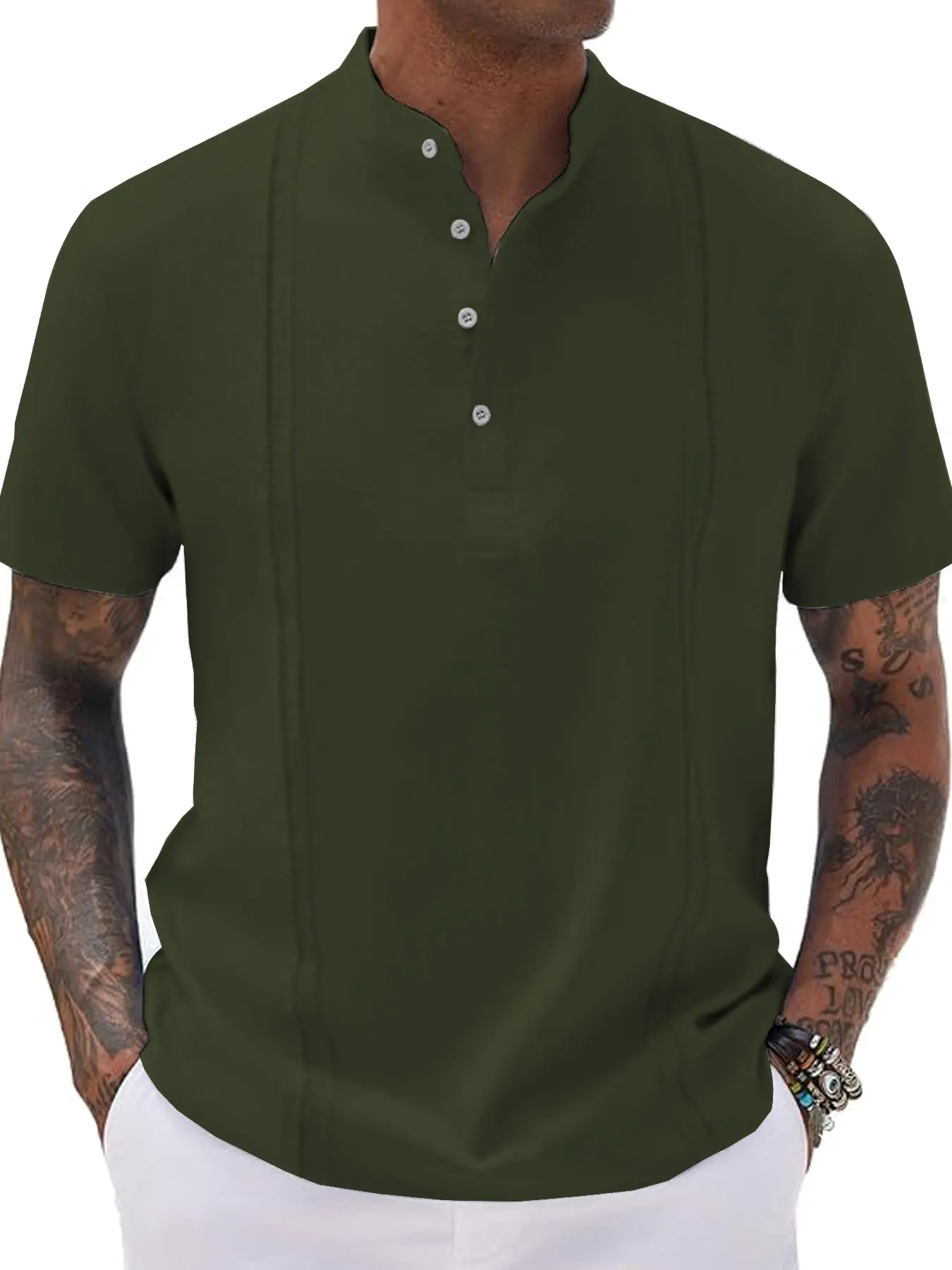 Men's short sleeved shirt Popular striped polo shirt Solid color half cardigan button up stand up collar top Hot sale Men's wear
