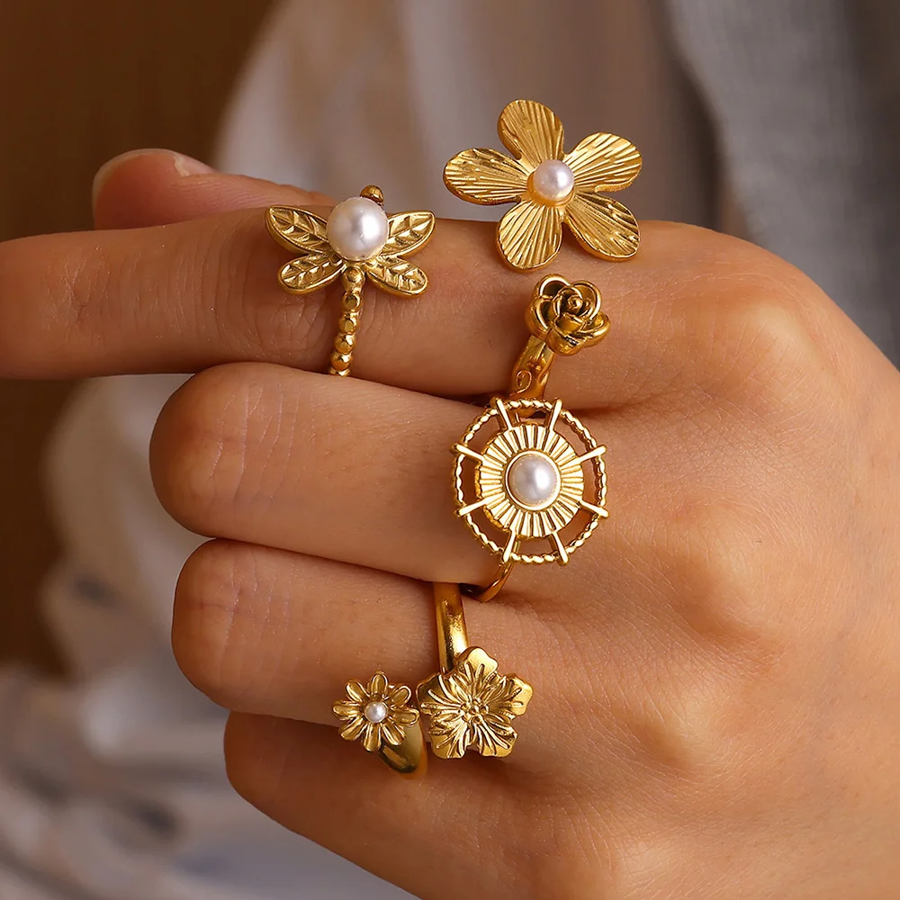 

Stainless Steel Ring New Design Mini Pearl Imitation Rings For Women Gold Color Flower Geometry Anillos Bague Jewelry Christmas