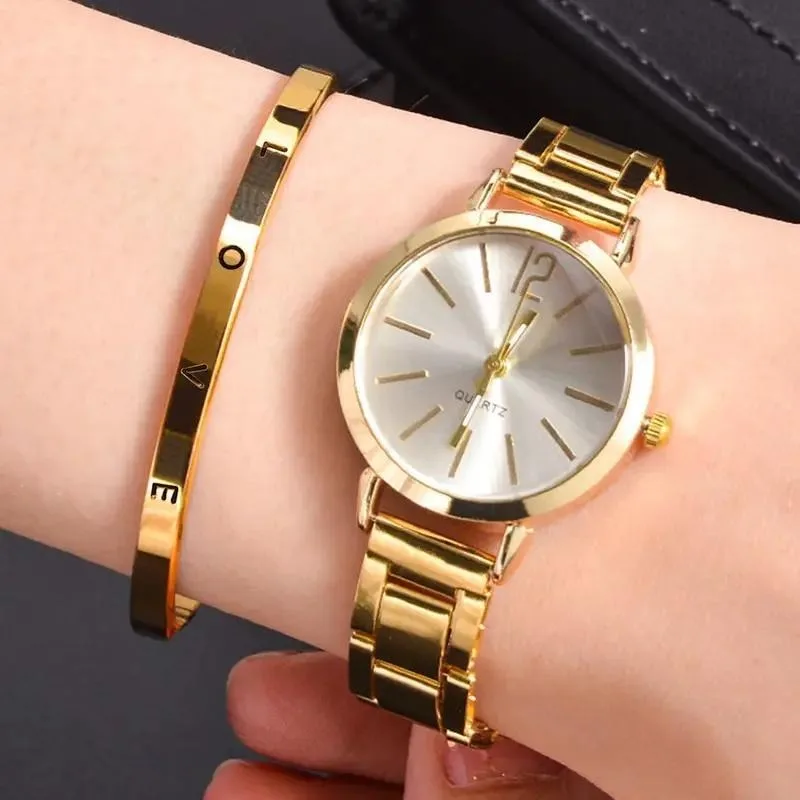 2 pcs Women\'s Watch Set FREE LOVE Bracelet Fashion Casual Alloy Quartz Watch