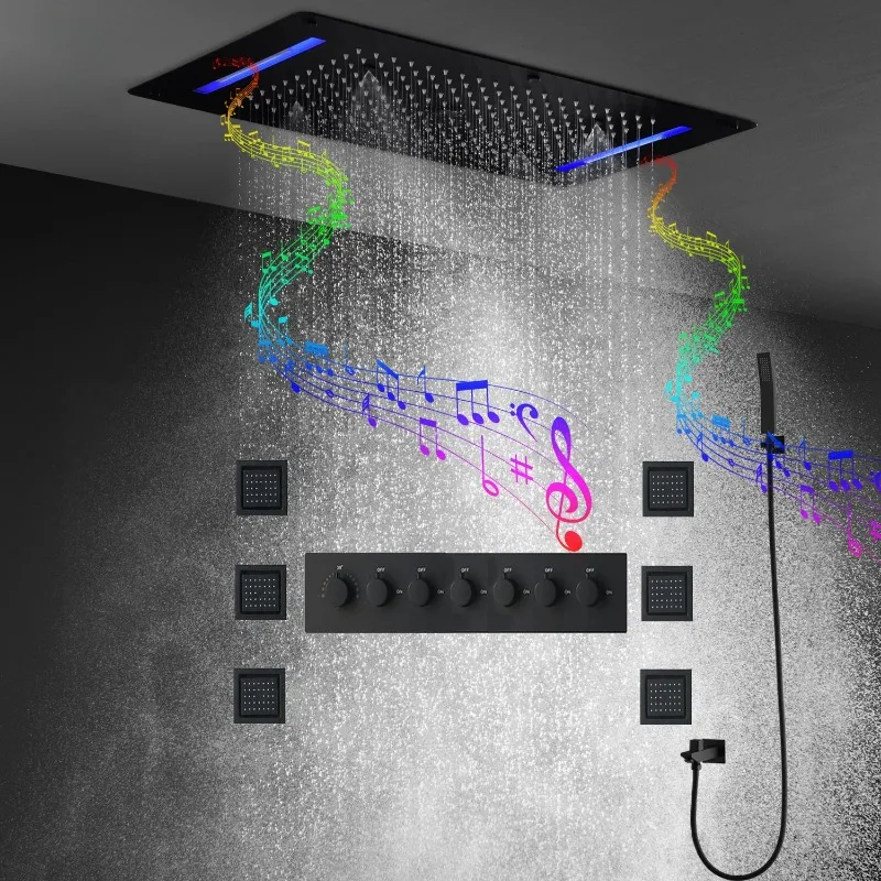 

Потолочная светодиодная душевая система, набор термостатических смесителей для ванны, черные смесители, водопад, дождевая насадка для душа, панель с массажной струей для тела