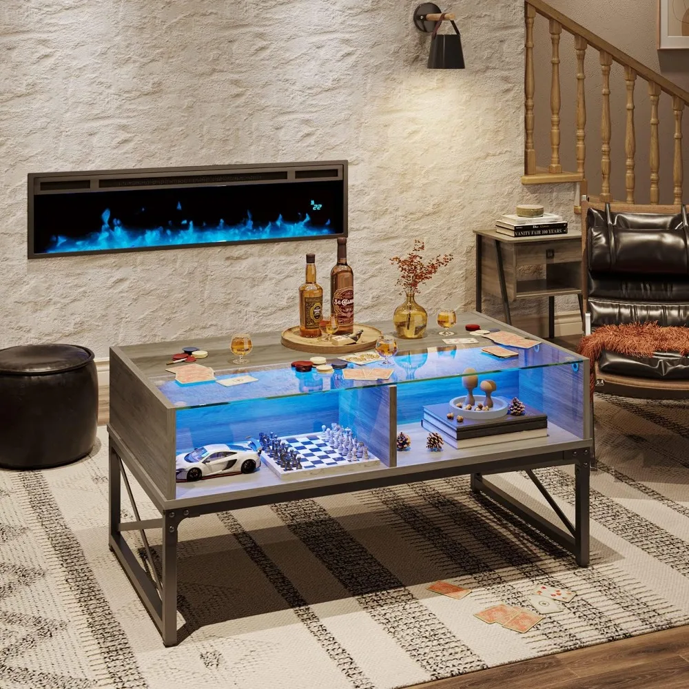 

LED coffee table for living room, wooden center table with glass top for game night, grey wash