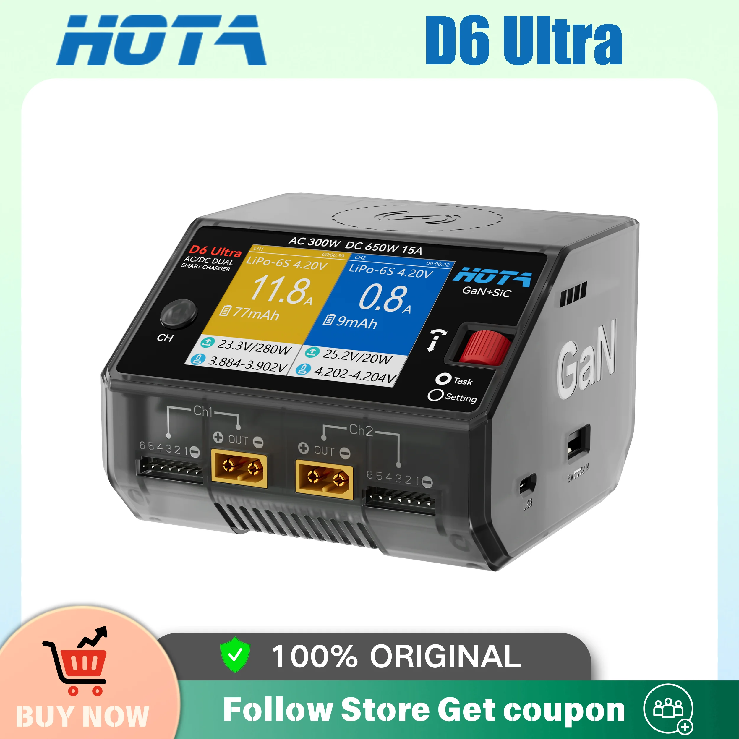 HOTA D6 Ultra AC 300W GaN+SiC DC 650W ‌Dual Channel Charger Charging For 1-6S Lipo LiHV/NiZn/Nicd/NiMH Battery Drones XT60 XT30