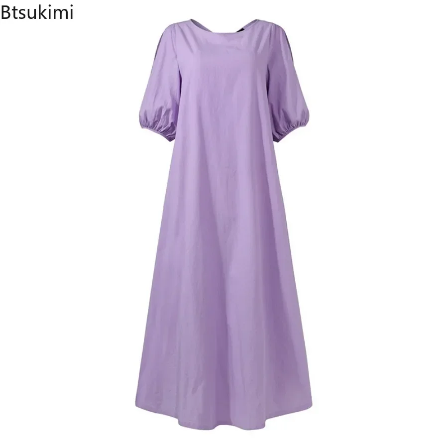 Robe longue en coton et lin pour femmes, couleur unie, lanterne, manches mi-longues, épaules dénudées, élégante, Maxi, décontractée, nouvelle collection