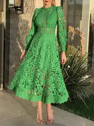 French Socialite Long Sleeve Dress Women's 2024 Autumn New Fashion Embroidery Hollow Out Women's X-Long Green Dresses