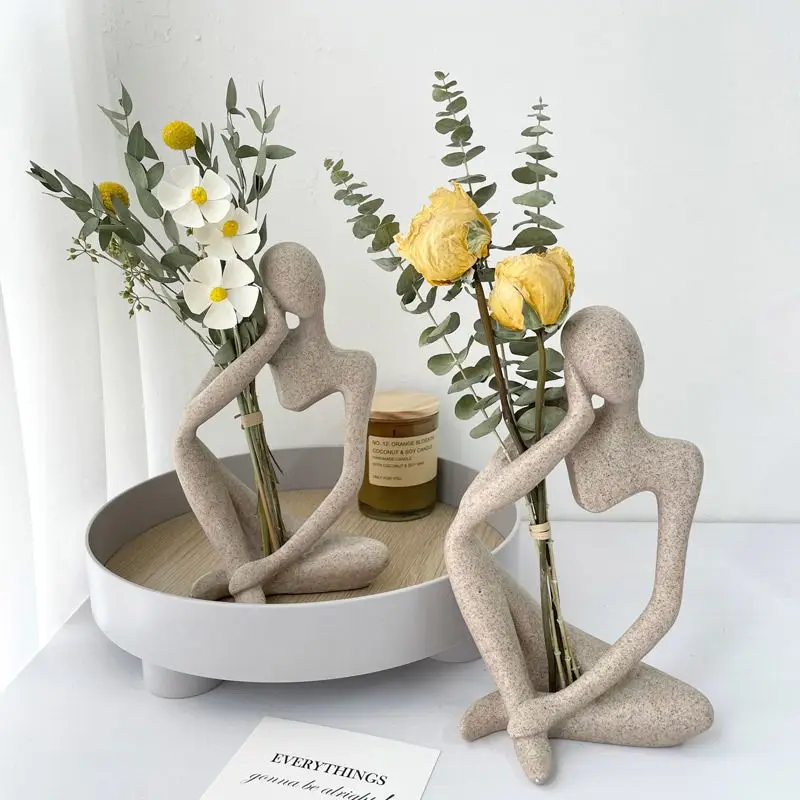 2Pcs Sandstone Resin Abstract Thinker Figurine Dried Flower Vase Holder Nordic Minimalist Home Office Tabletop Art Decor