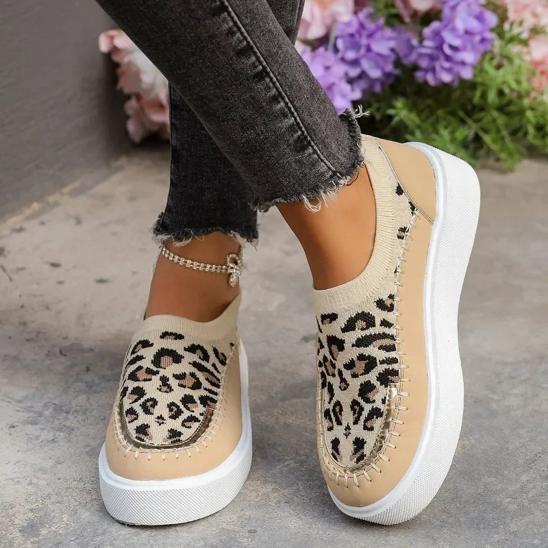 Zapatos deportivos de un pie para mujer, calzado plano con estampado de leopardo, para ocio y ocio, 2024