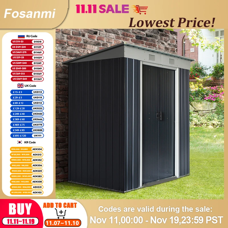 

6x4FT металлическое наружное хранилище из оцинкованной стали с двойными раздвижными дверями и 2 вентиляционными отверстиями для садовых инструментов, велосипеда, патио на заднем дворе