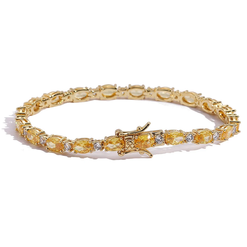 Hip Hop 4mm 6mm Oval Yellow CZ Stone Bling Iced Out Tennis Link Chain Bracelets for Men Women Rapper Jewelry Gold Silver Color