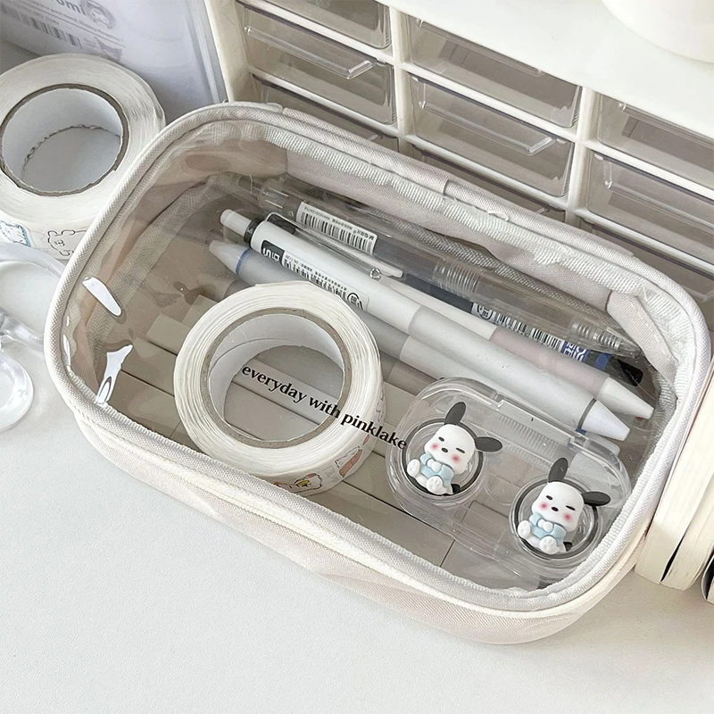 Compact and Transparent Beige Pencil Pouch, Ideal for Student's Stationery and Scrapbook Storage Needs