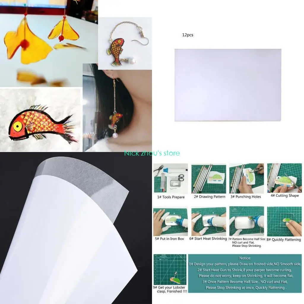 

E15E 12Pieces Heat Shrink Plastic Sheet Pack Blank Shrinky Art Film Paper Keychain