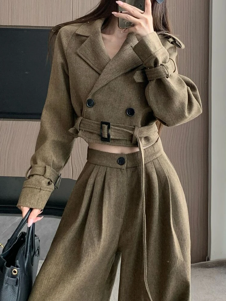 

Coffee Women Suit Autumn And Winter Fashion Woolen Suit Short Jacket High Waist Wide Leg Pants Two-piece Set