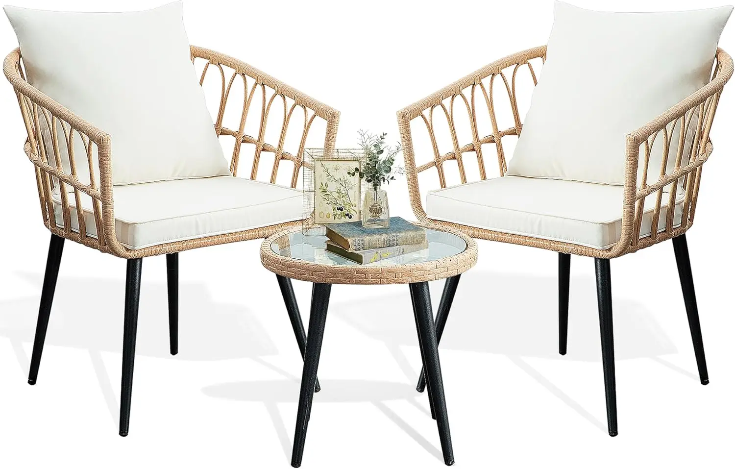 

3 Piece Patio Bistro Set, Outdoor Wicker Apartment Balcony Furniture Sets, Rattan Table and Chairs Set of 2 for Porch Backyard